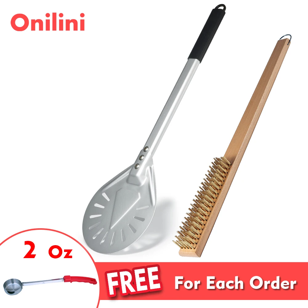 Onilini 7/8/9 inch Anodized Pizza Turning Peel Oven Copper Brush Set Pizza Shovel Grill Brass Cleaning Brush Accessories