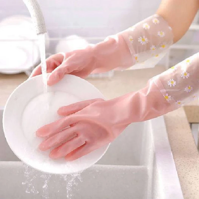 3 Pairs Dishwashing Cleaning Gloves Reusable Rubber Gloves Non-Slip Laundry Kitchen Gardening Household Easy To Use 42CM