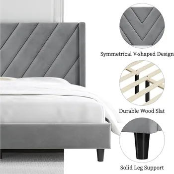 Bed Frame Upholstered Platform Bed with Wing Side/Wooden Slat Support/Tufted Headboard with Wing Side/Mattress Foundation 5