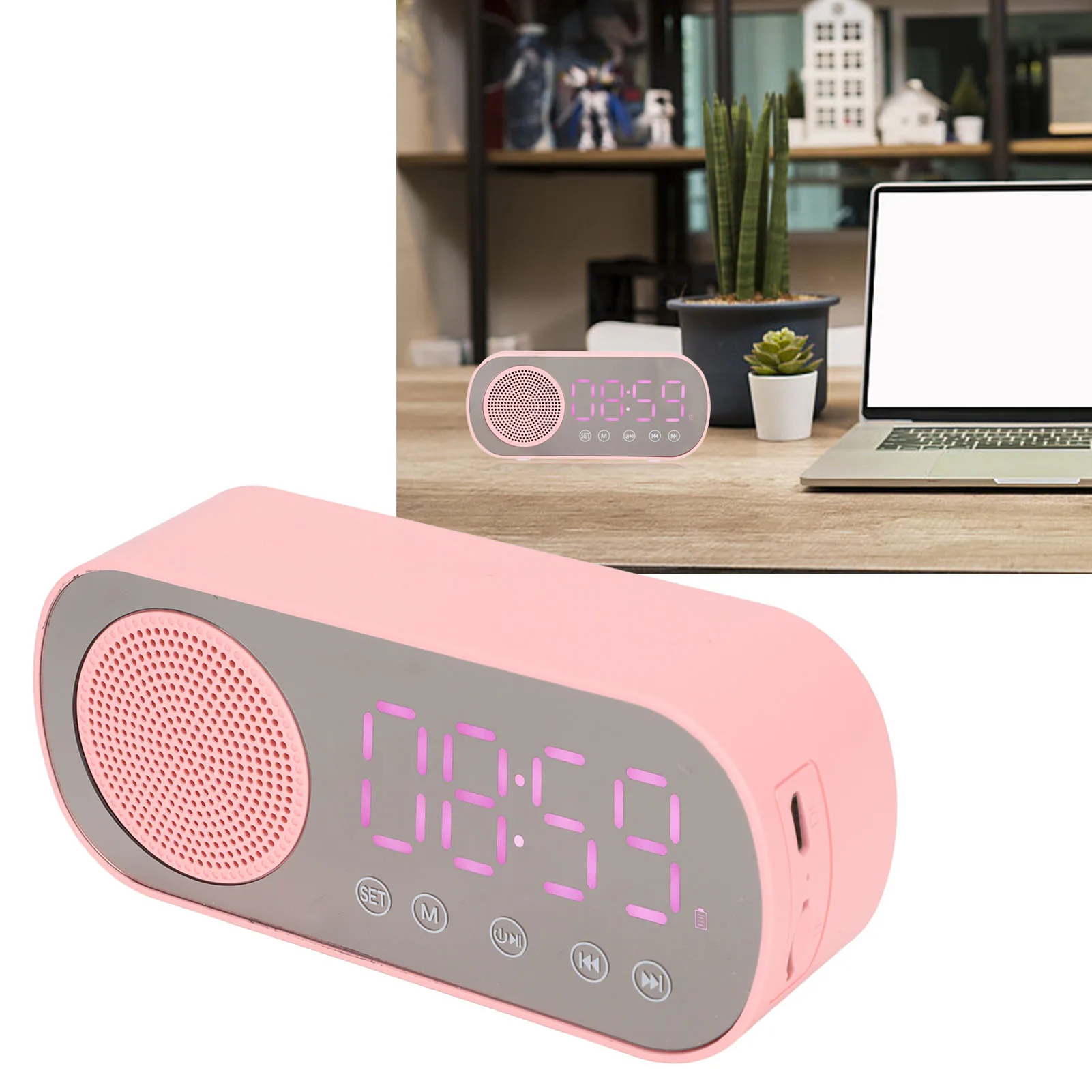 알람 시계 블루투스 스피커 FM 라디오 미러 시계 HIFI USB 충전 LED 디스플레이 휴대용 핑크 1600mAh 여행용