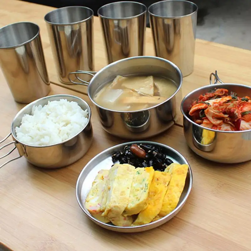 스테인레스 스틸 야외 캠핑 조리기구 세트, 휴대용 초경량 피크닉 하이킹 요리 냄비 그릇 키트, 캠핑 용품, 세트당 8 개