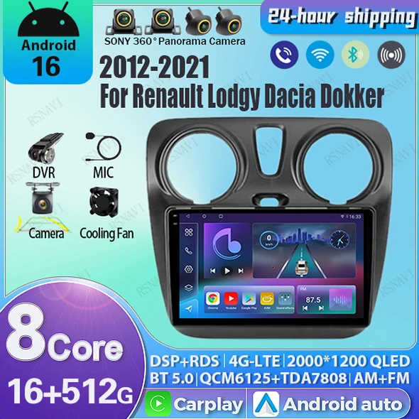 Radio para coche Android 16 para Renault Lodgy Dacia Dokker 2012 2013 - 2021 Autoradio Auto Carplay WIFI+4G Reproductor Multimedia DSP Estéreo 1