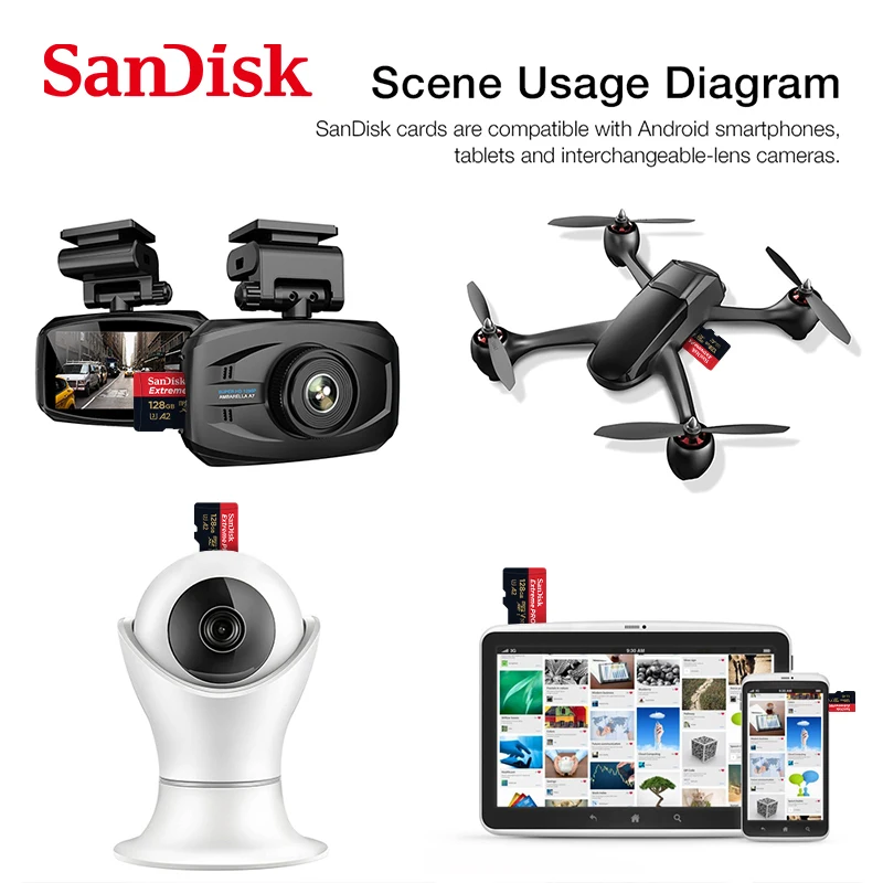 Sandisk 마이크로 SD 카드 메모리 카드, 64GB, MicroSDHC, 128GB, MicroSDXC, MicroSD 클래스 10 A2 U3 V30 TF 플래시 카드