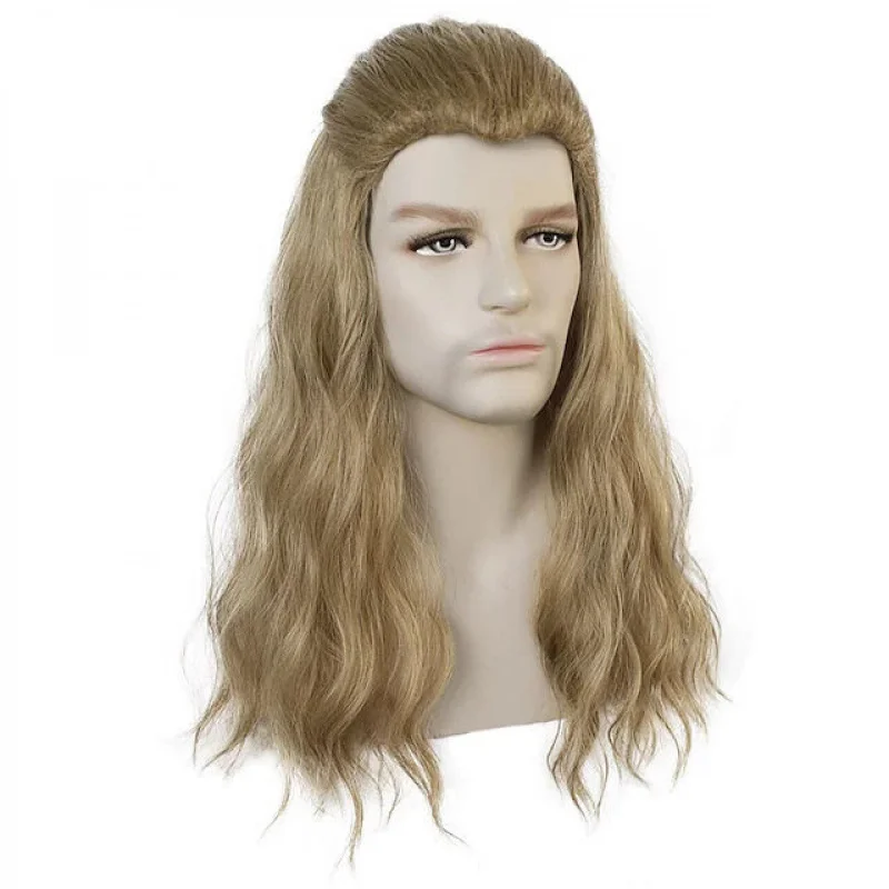 남성 다크 브라운 금발 가발 긴 남성 물결 모양의 인조모 전체 가발+가발 모자