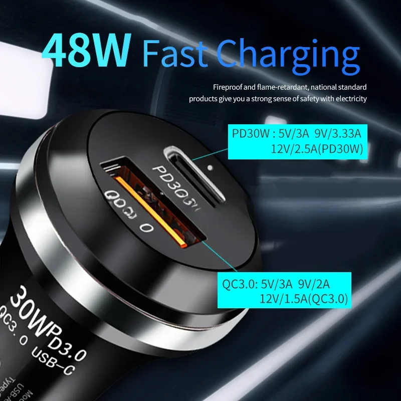 

30W USB Car Charger Quick Charge4.0 QC PD 3.0 SCP 5A USB Type C Car Fast Charging for IPhone 14 13 Huawei Samsung Xiaomi