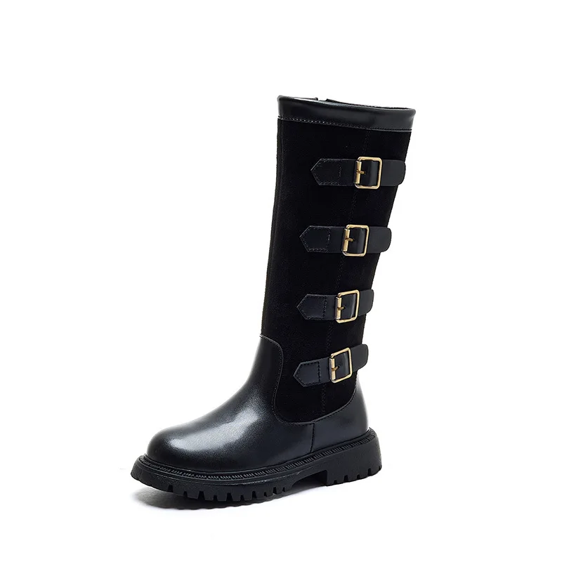 Kids'Boots 솔리드 컬러 PU 가죽 패션 가을 무릎 높이 부츠 소녀용 미끄럼 방지 통기성 블랙 브라운 신발 사이즈 27-37