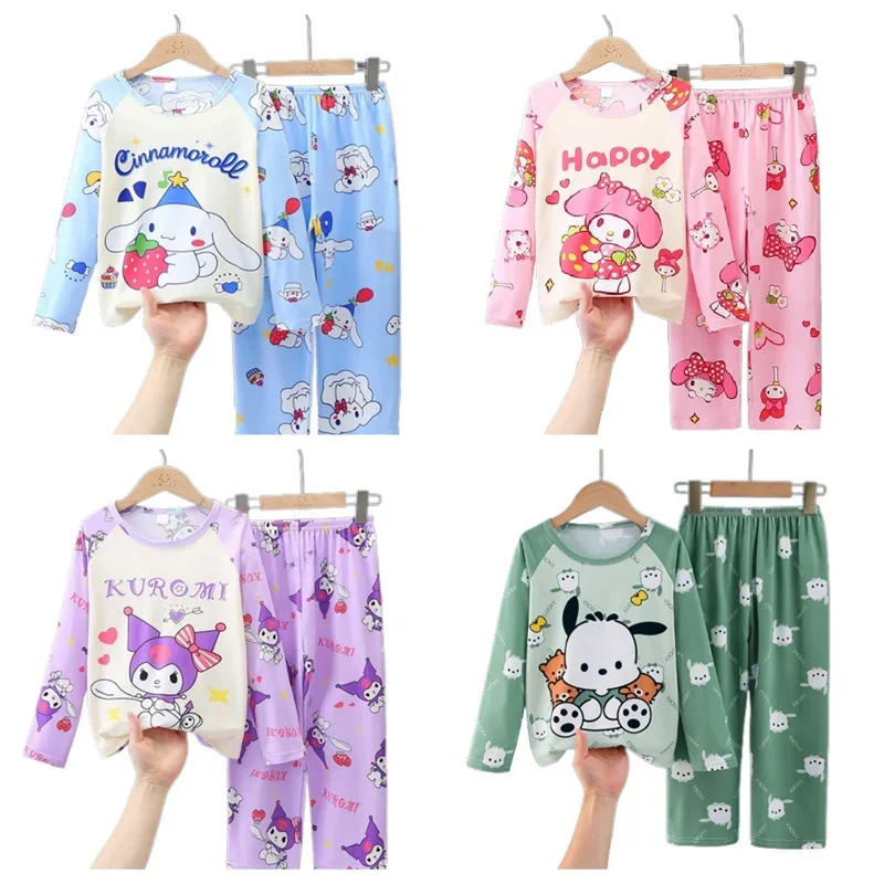 

Anime Sanrio Autumn Childrens Pajamas Cute Kuromi Cinnamoroll My Melody Long Sleeve Casual Round Neck Top Pant Homewear Set