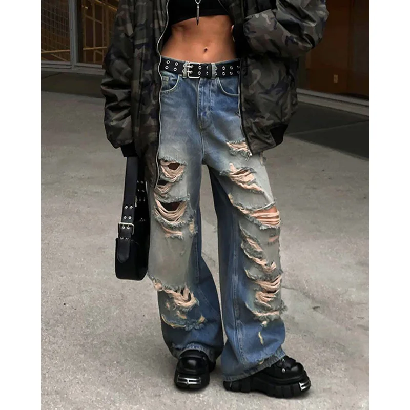 

Street Beggar Wind Broken Hole Washed Old Loose Straight leg Jeans Women's Slim Hip Hop Pants