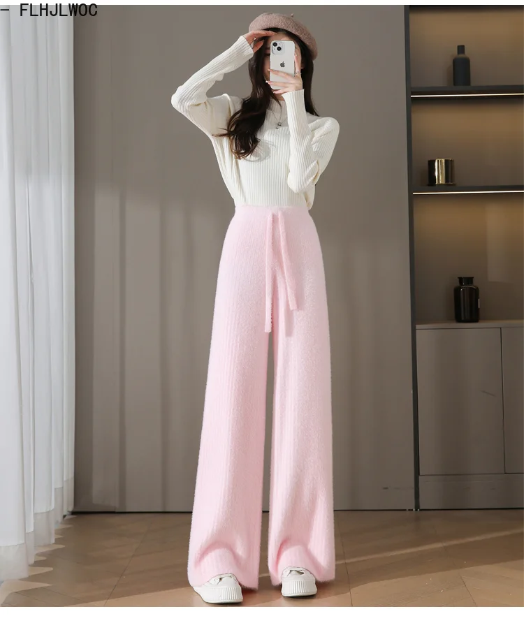 3 Colors Hot Pink Black Thickened Mink Knit Wide Leg Pants Women Winter  Spring New High Waist Loose Casual Long Warm Trousers