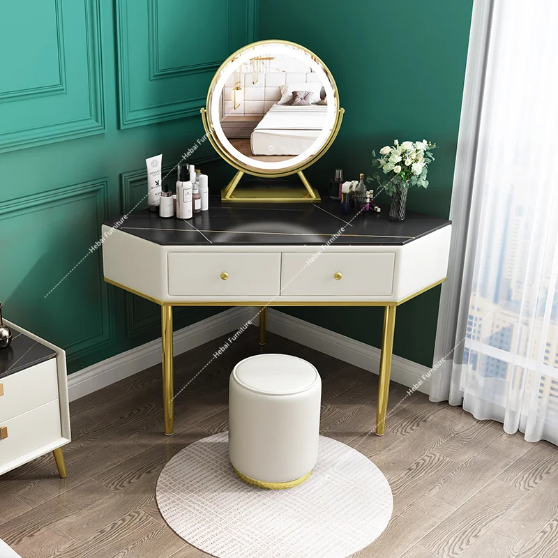 Unique Modern Corner Makeup Vanity Table with LED Lighted Mirror 2