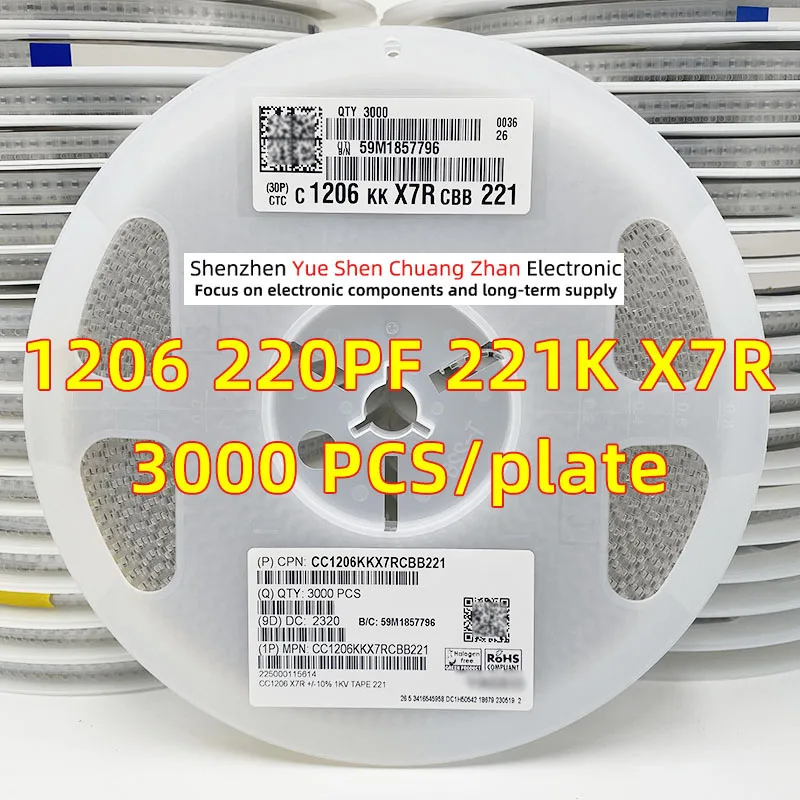Patch Capacitor 1206 220PF 220P 221K 1000V 1KV Error 10% Material X7R Genuine capacitor（Whole Disk 3000 PCS）