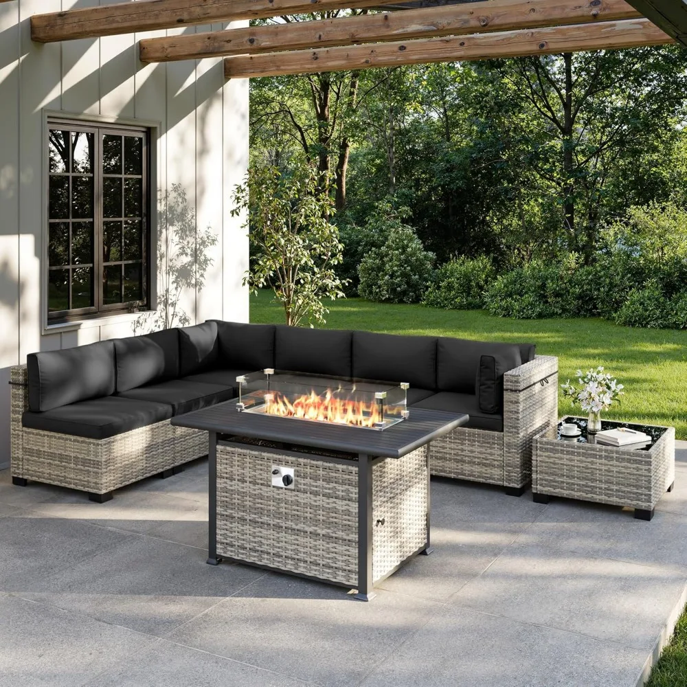 8-Piece Outdoor Patio Furniture Set with 55,000 BTU Fire Pit Table, PE Wicker Rattan Sectional Sofa Conversation Set