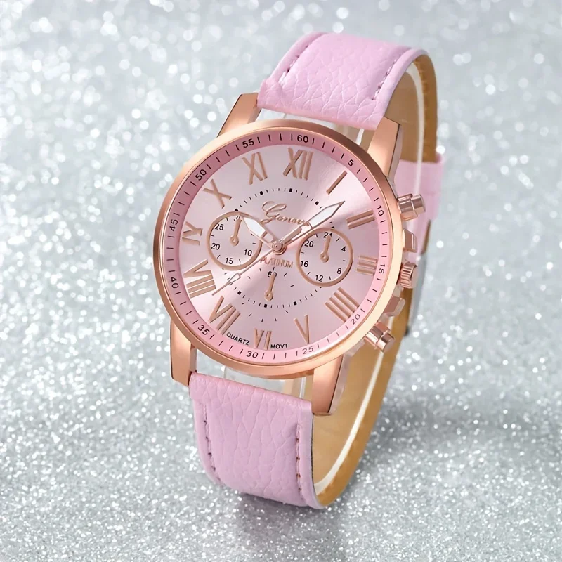 9-piece fashionable watch set, unisex quartz movement, round zinc alloy case, faux leather strap, none, mixed colors,