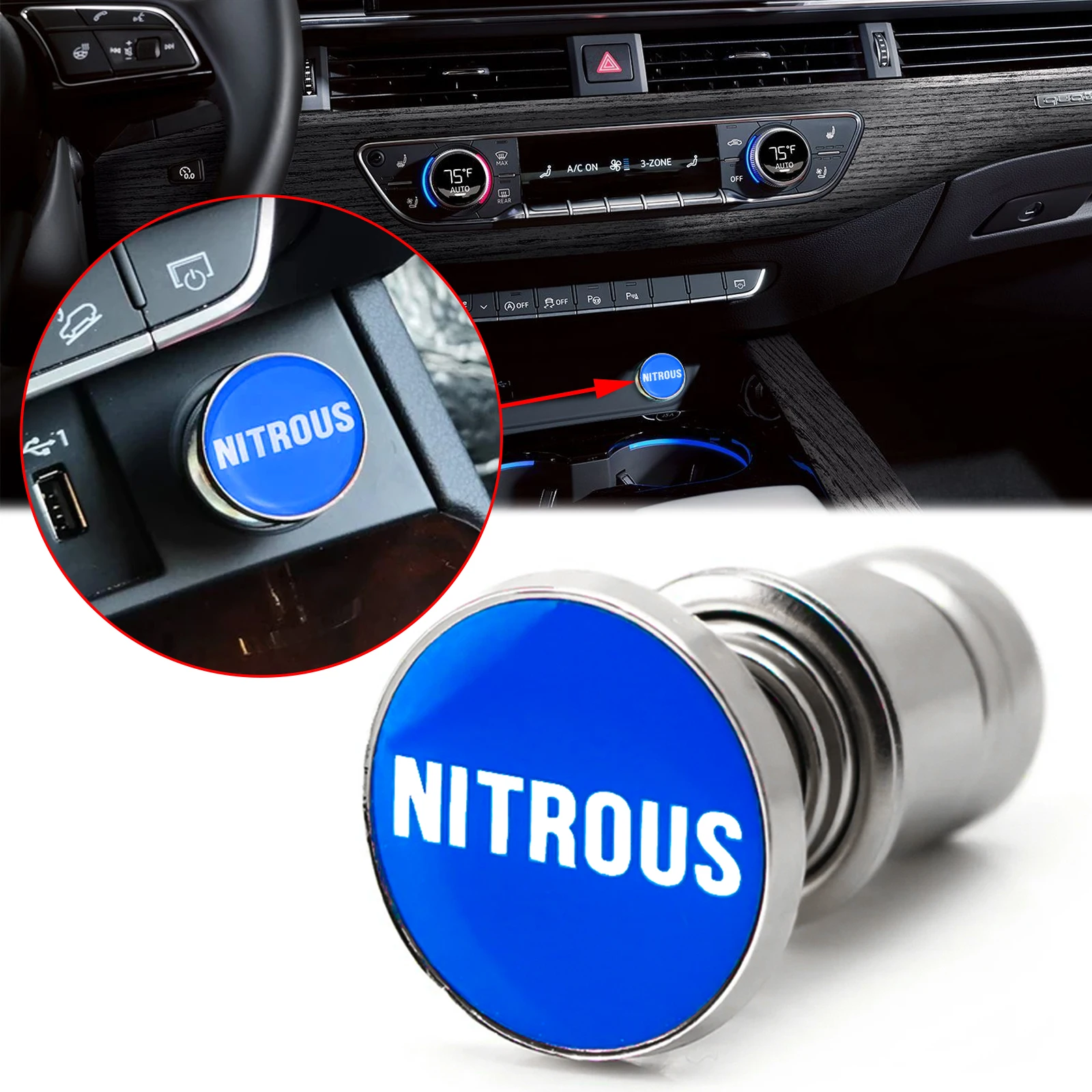 

Universal Blue NITROUS Push Button Cigarette Lighter Plug Cover Replace Accessories For Automotive Vehicles Boats SUVs Trucks