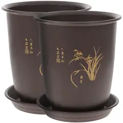 Elegant Orchid Planter Set - Durable Lightweight Flowerpots with Matching Trays (Black)