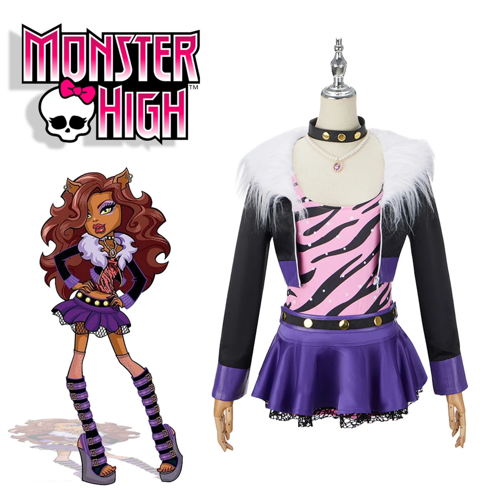 

Monster High Clawdeen Wolf Cosplay Costume Role Play Top Coat Skirt Suit High Quality Heat Resistant Halloween Carnival Clothes