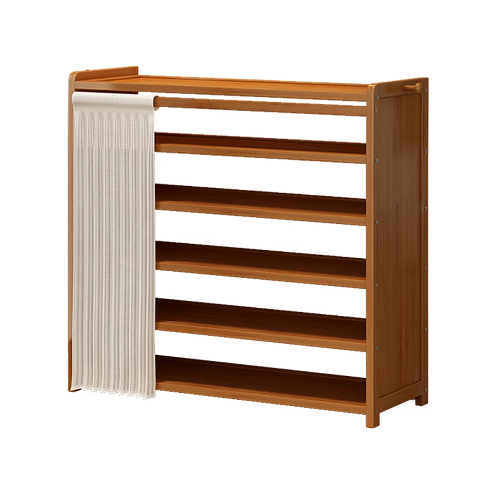 6-Tier Storage Shelves with White Gauze Curtain Wooden Shoe Organizer Dustproof Racks for Entryway Living Room Hallway Doorway
