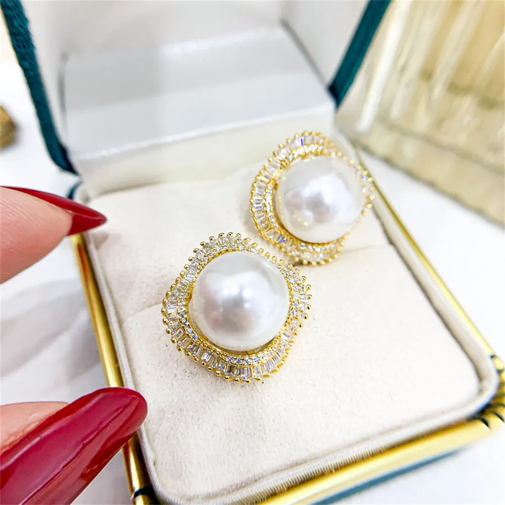 

DIY Pearl Earnail Accessories S925 Sterling Silver Jewelry Gold Earrings Women's Empty Fit 11-12mm Beads