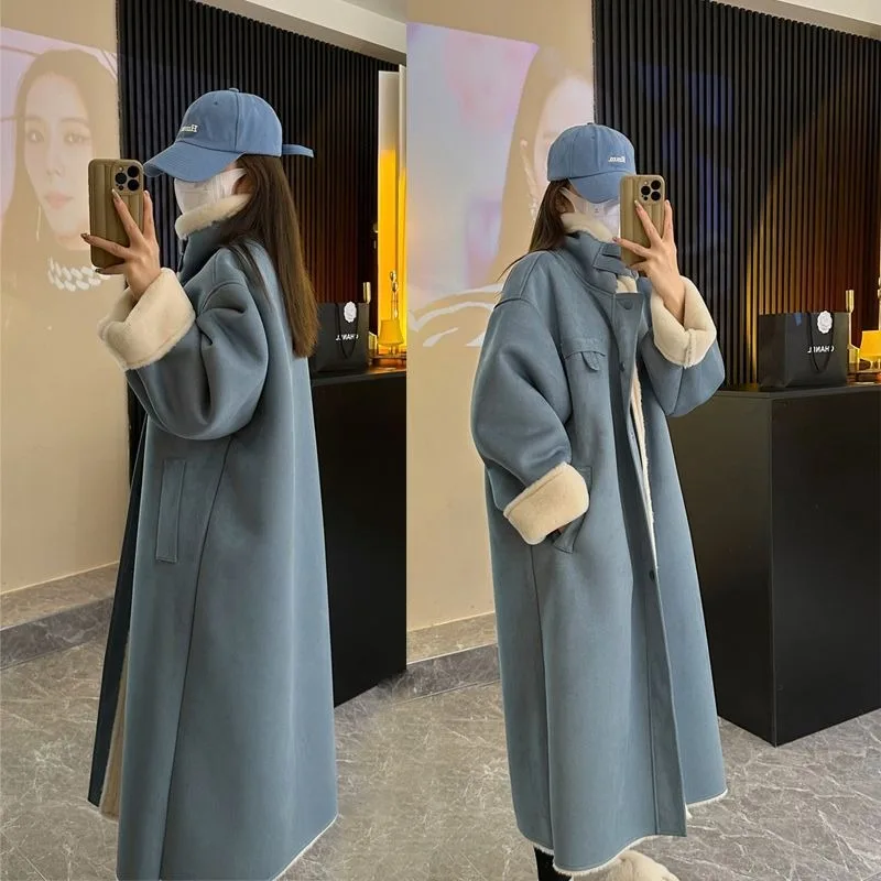 Women's Imitation Fur Coat, Long Over-the-Knee, Thick Lamb Wool, Warm Outwear, Loose Stand Collar, Casual Parkas, Winter, New
