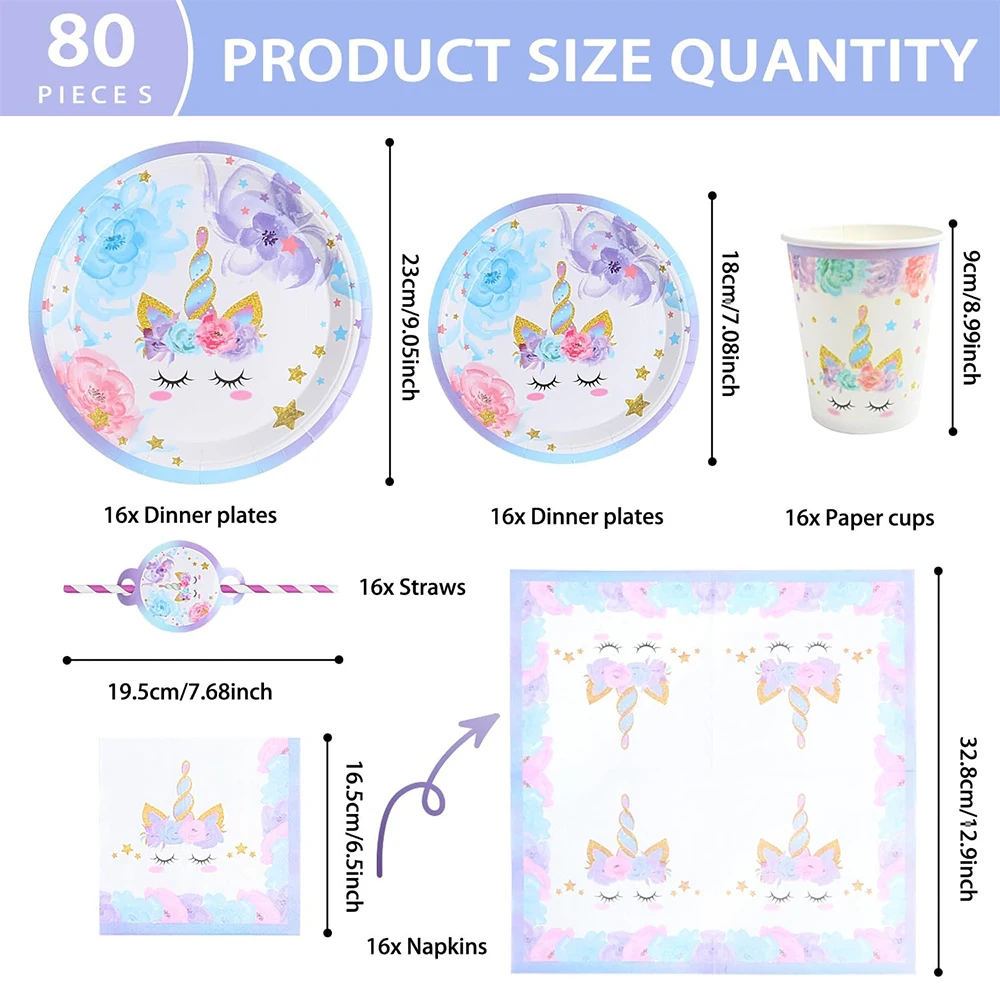 80 Pieces of Unicorn Birthday Decoration Tableware Unicorn Party Tableware Set for 16 Guests Party