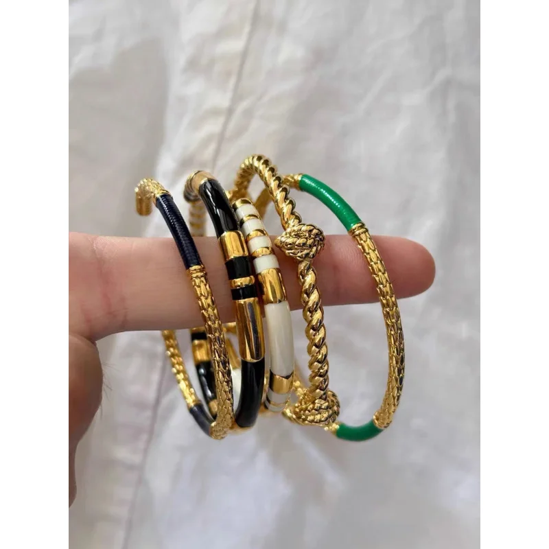 

Brass With 18K Statement Knot Colorful Enemal Bangle Women Jewelry Designer T Show Runway Gown Rare INS Japan Korean Trendy