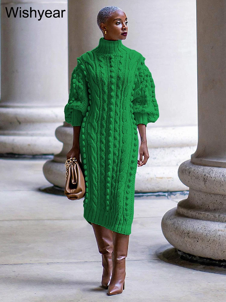 

Elegant Solid Braid Knitted Sweater Dress for Women Birthday Party Winter Turtleneck Long Sleeve Side Split Vestidos Streetwear