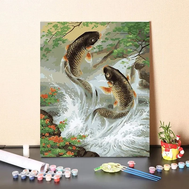 Digital oil painting filling Chinese auspicious Ruyiyi Goldfish Carp Porch decoration color oil color acrylic painting
