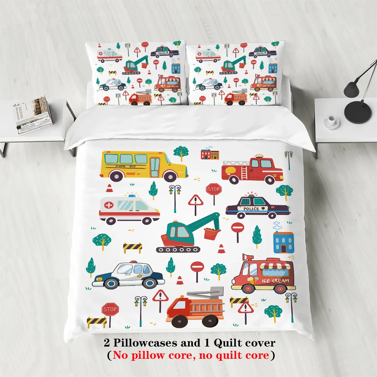3-piece cartoon cute car pattern print (1 duvet cover+2 pillowcases, no core) soft and comfortable bedding set