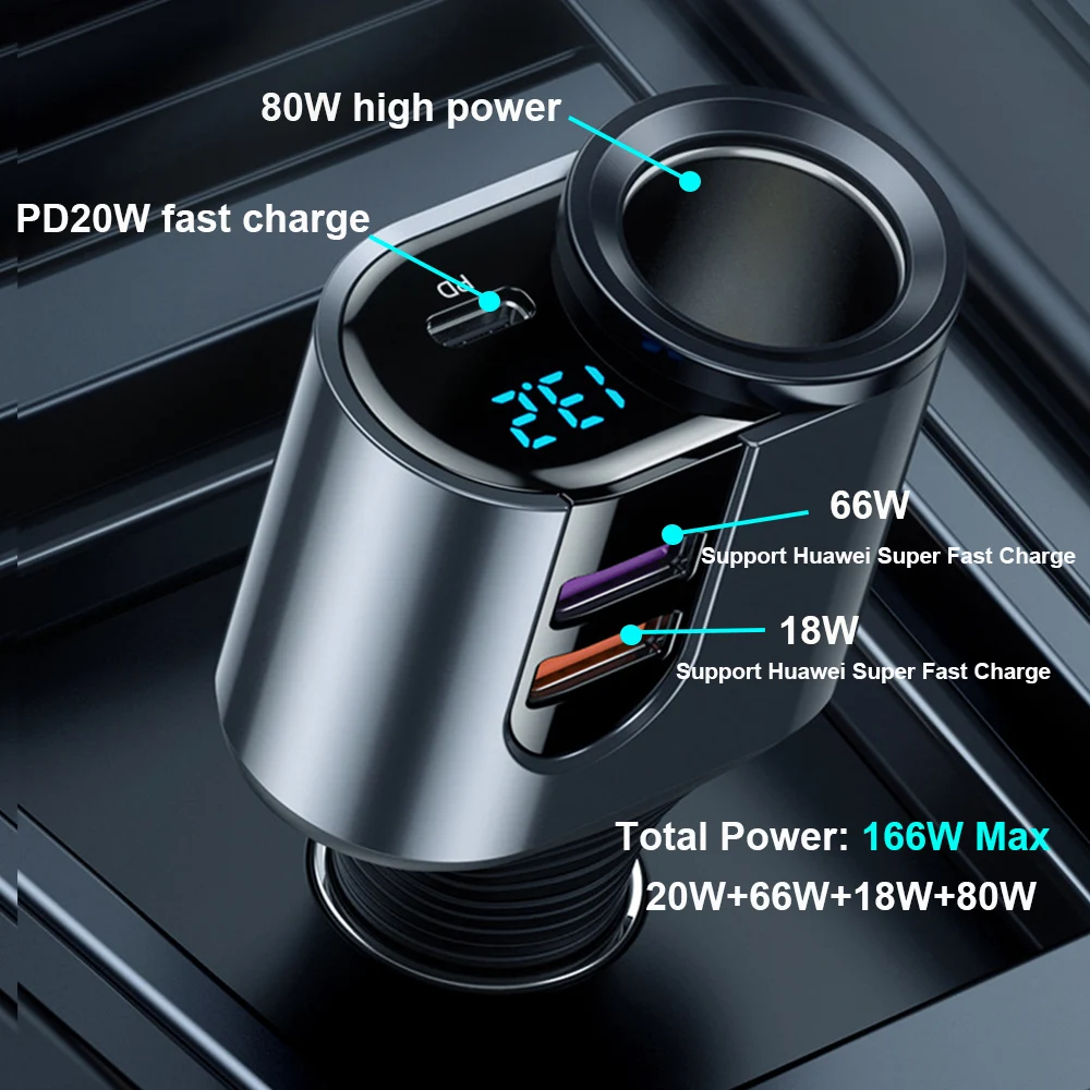 KOJA 166W USB Car Charger Cigarette Lighter Super Fast Charge 66W PD Type C 20W QC 3.0 SCP FCP PPS For IPhone 14 13 Samsung OPPO