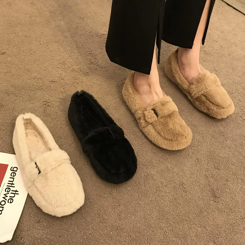 디자이너 스타일 신발 여성용 모피 로퍼, 따뜻한 플러시 모카신, 우아한 모피, 부드러운 밑창 슬립온 플랫, 겨울