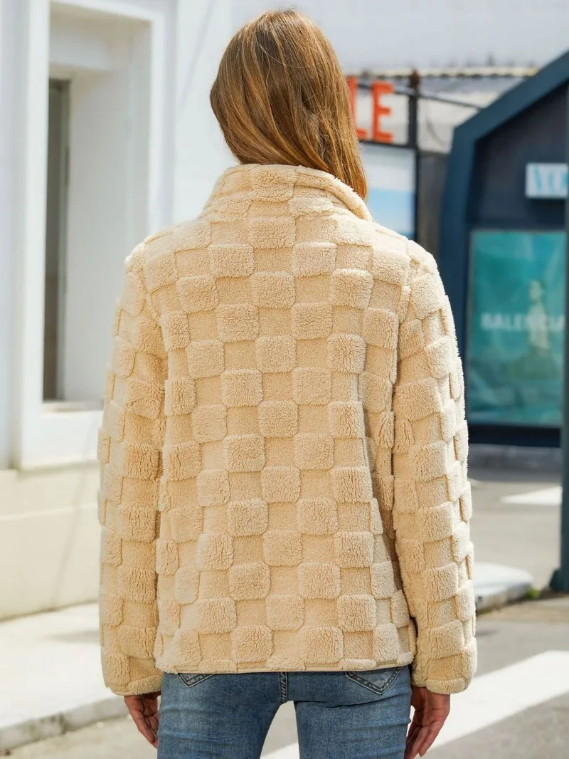 2023 Autumn/Winter New Women's Long Sleeve Cardigan Zipper Loose Solid Casual Versatile Checkered Plush Warm Coat for Women