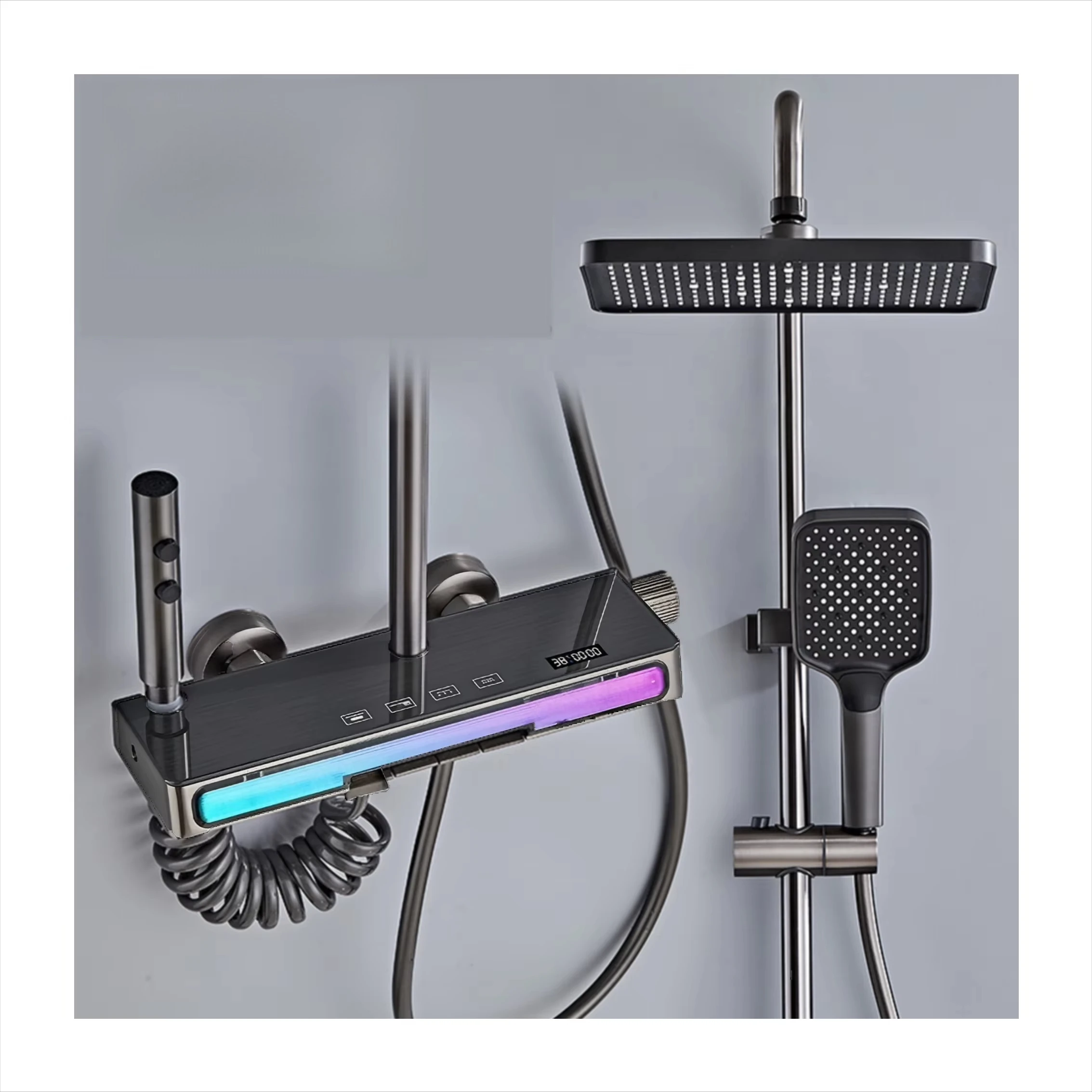 Wall Mounted Aluminum LED Digital Display Rain Rainfall 4 Modes Bathroom Shower Faucet Thermostatic Shower Set With Lamp 1
