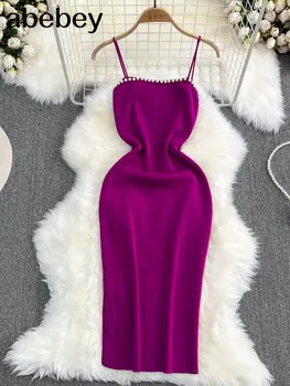 여성용 블루 여름 니트 섹시한 스트랩 드레스, 탱크 탄성 허리 바디콘 선드레스, 여성 비치 백리스 미디 드레스