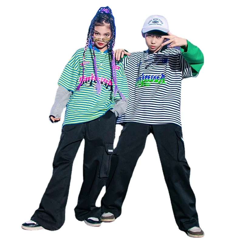 

Kids Boys Girls Stripe Long Sleeve T-shirt Cargo Pants Sets Teen Hip Hop Clothes Children Loose Casual Tee Shirt Trousers Suits