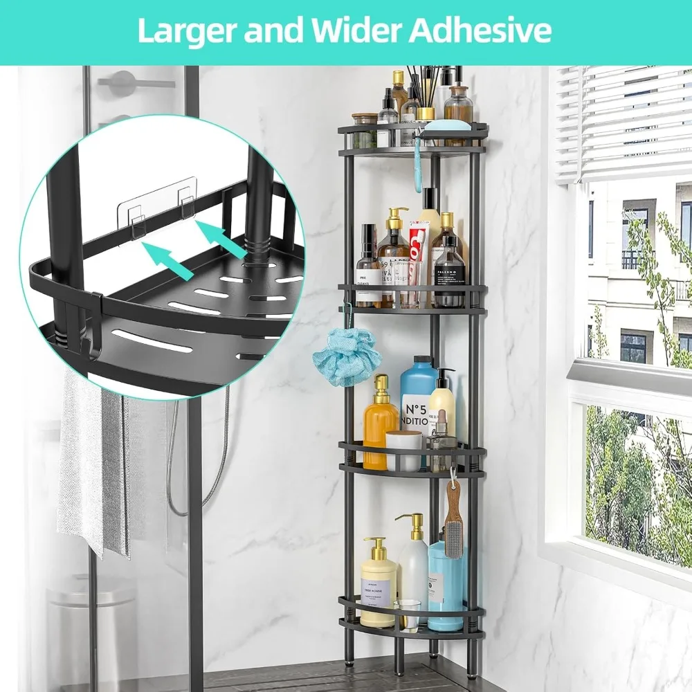 Standing Shower Caddy-4 Tier Stand with Soap Dish, 4 Hooks, Adjustable Feet for Corner-Black 4