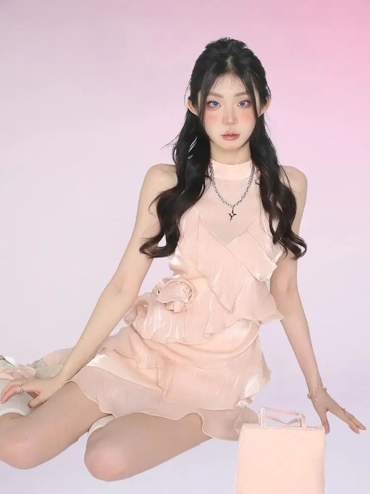 

3D Multilayer Ruffles Chiffon Dress Hanging Neck Pleated Lotus Irregular Wrinkled Skirt Korean Top Fairycore Pink