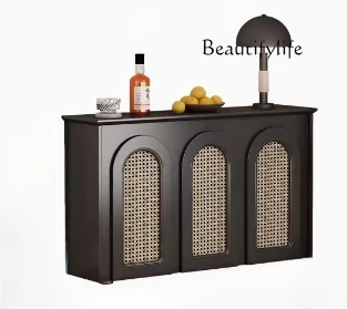 

American-Style Retro Rattan Sideboard Cabinet Ultra-Thin Integrated Wall Living Room Black Hallway Locker