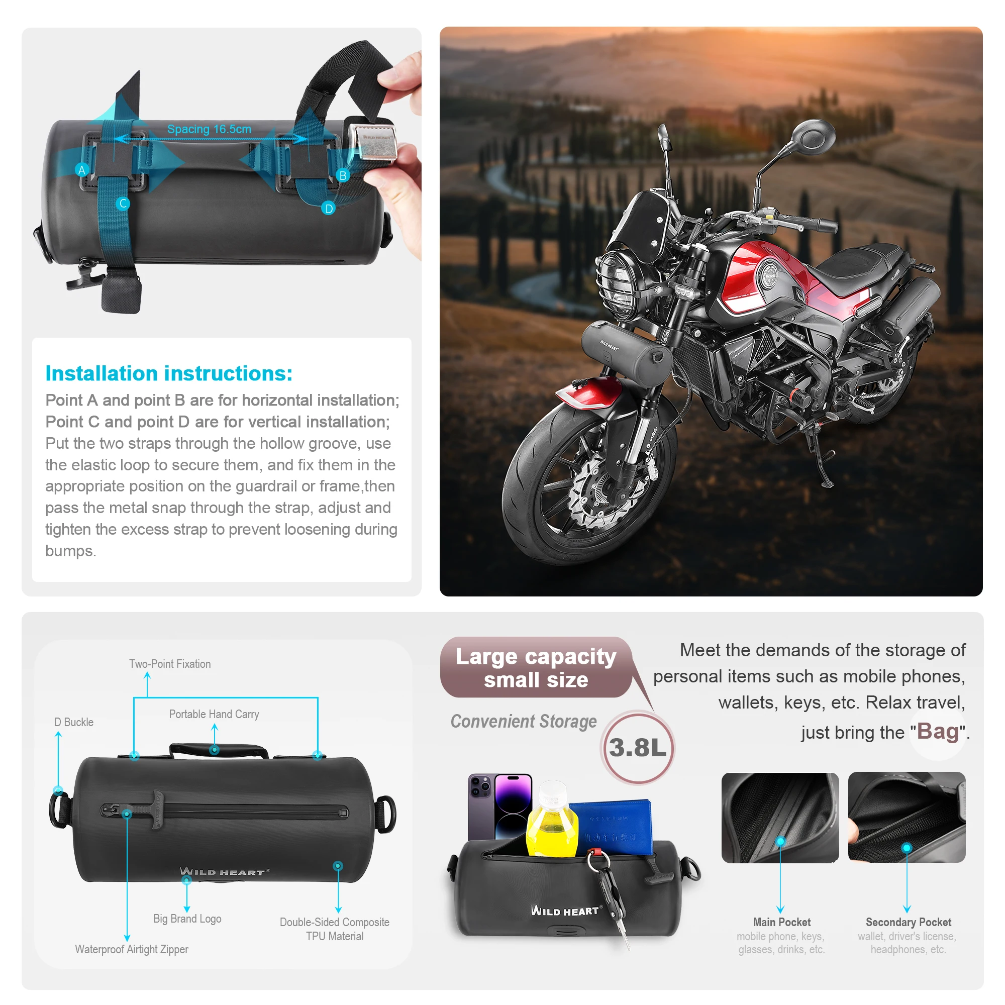 WILD HEART Borsa da manubrio per moto Borsa piccola per moto Borsa laterale impermeabile con tracolla compatibile con Mini Bike Trave - immagine 3