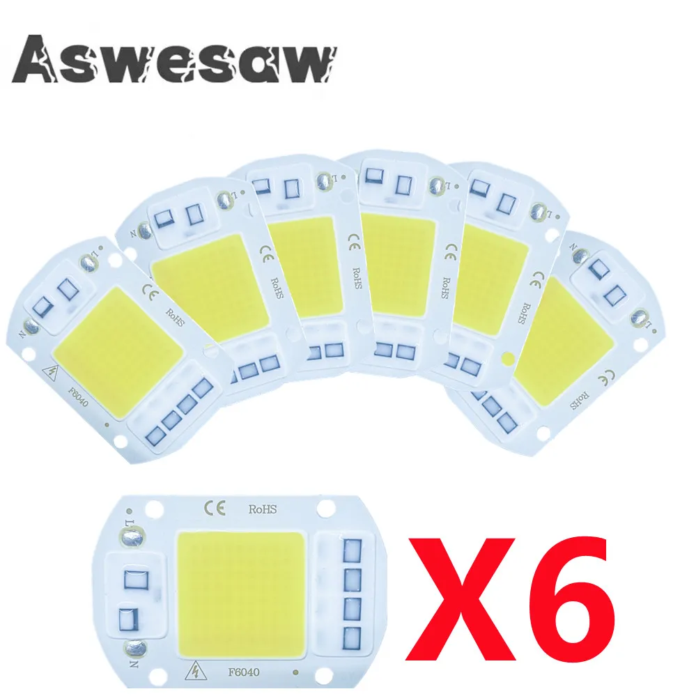LED 칩 20W 30W 50W AC 220V 스마트 COB 램프 비즈, 드라이버 없는 LED 램프, DIY Lampada 야외 칩 조명 투광 조명, 6 개/로트