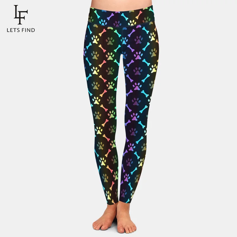 

LETSFIND Super Soft Milk Silk Print Paw Footprint and Bone Design Leggings Fashion High Waist Women Slim Fitness Pants