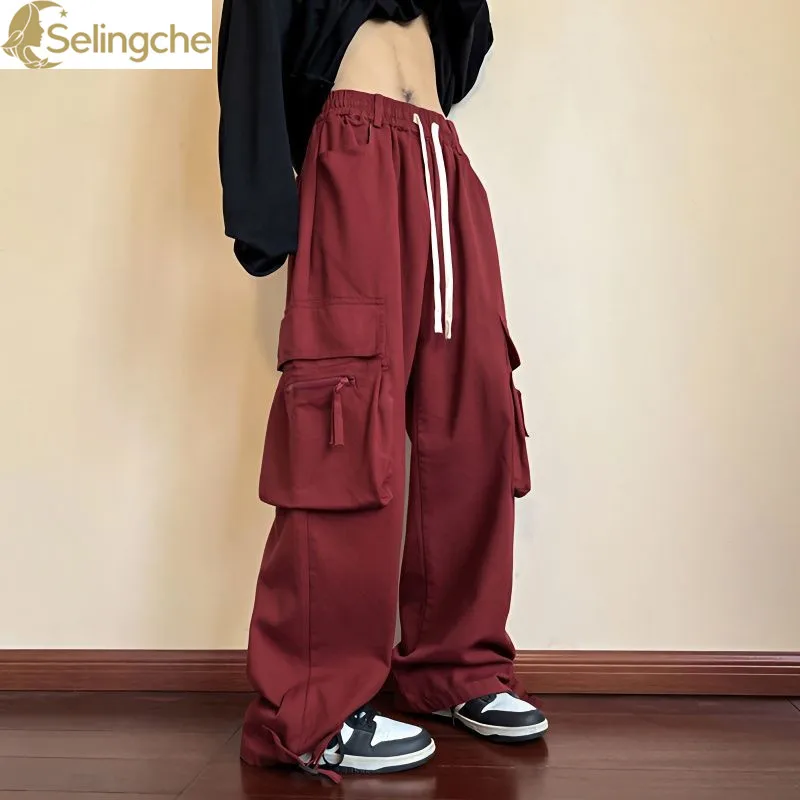 American Retro Wide Leg Pants Spring/summer Red Loose Fitting Workwear Pants Men's and Women's Straight Leg Casual Pants