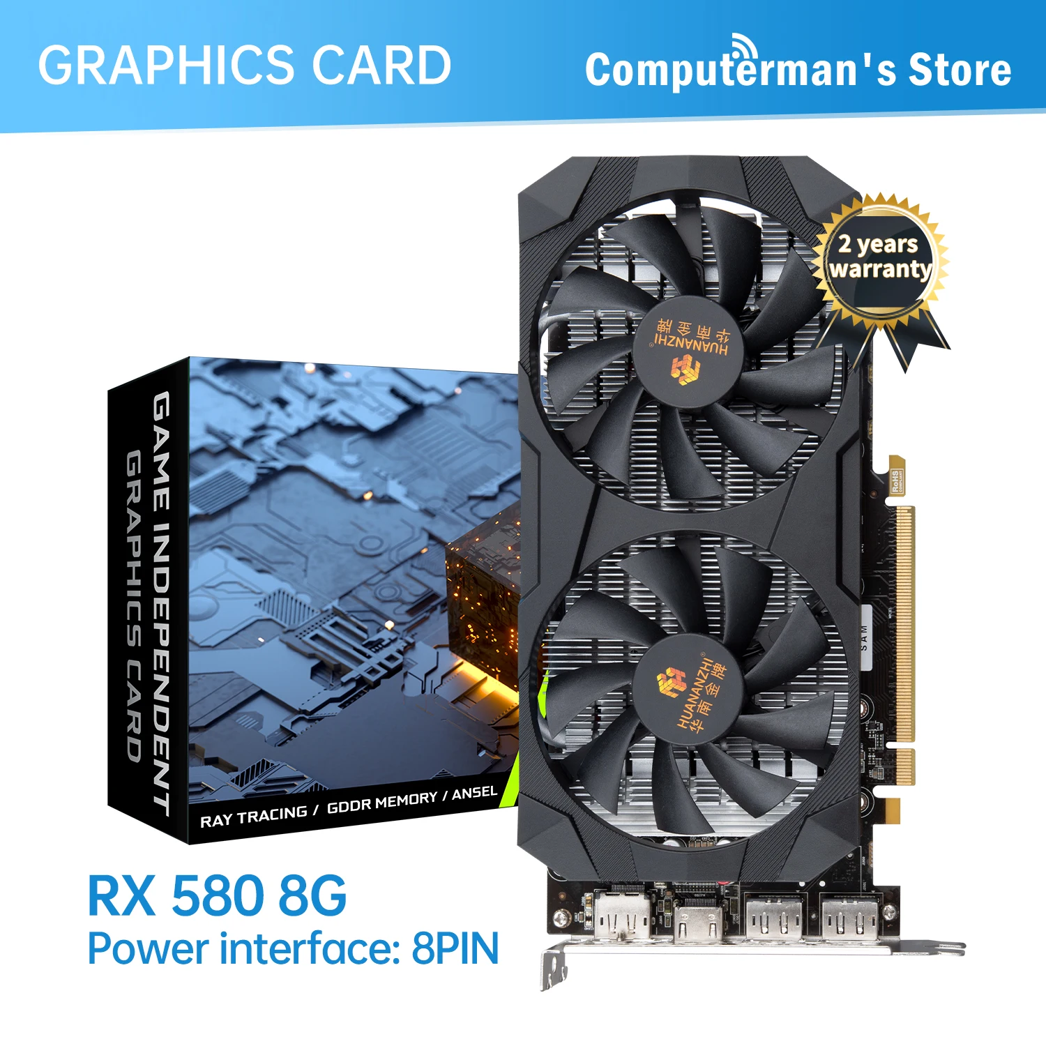 HUANANZHI RX 580 8G 16G 2048SP  Graphics Cards 256Bit GDDR5 HDMI-Compatible GPU RX580 8GB Video Card