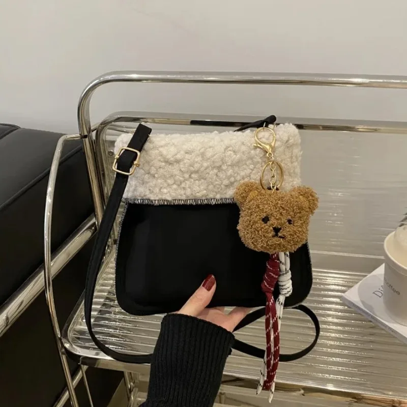 Winter Autumn Cute Bear Fluffy Bag for Women High-end Furry Small Bag Single Shoulder Crossbody Girls Phone Bag