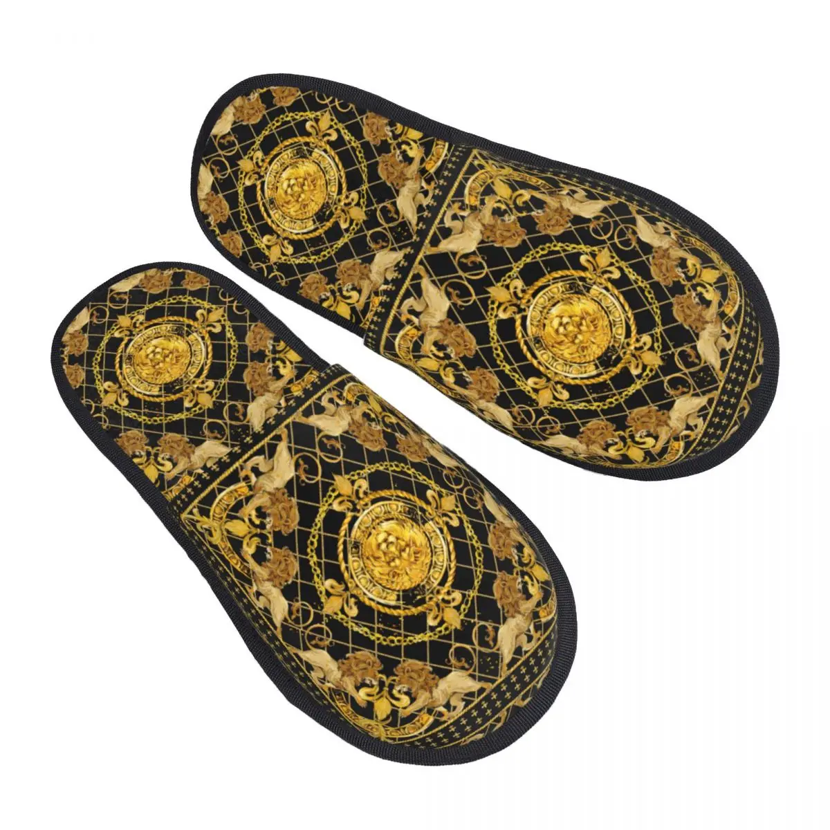 

Luxury Golden Lion Damask Ornament Plush Slippers Indoor Gold Baroque Soft Household Fur Slippers Slides Non-skid