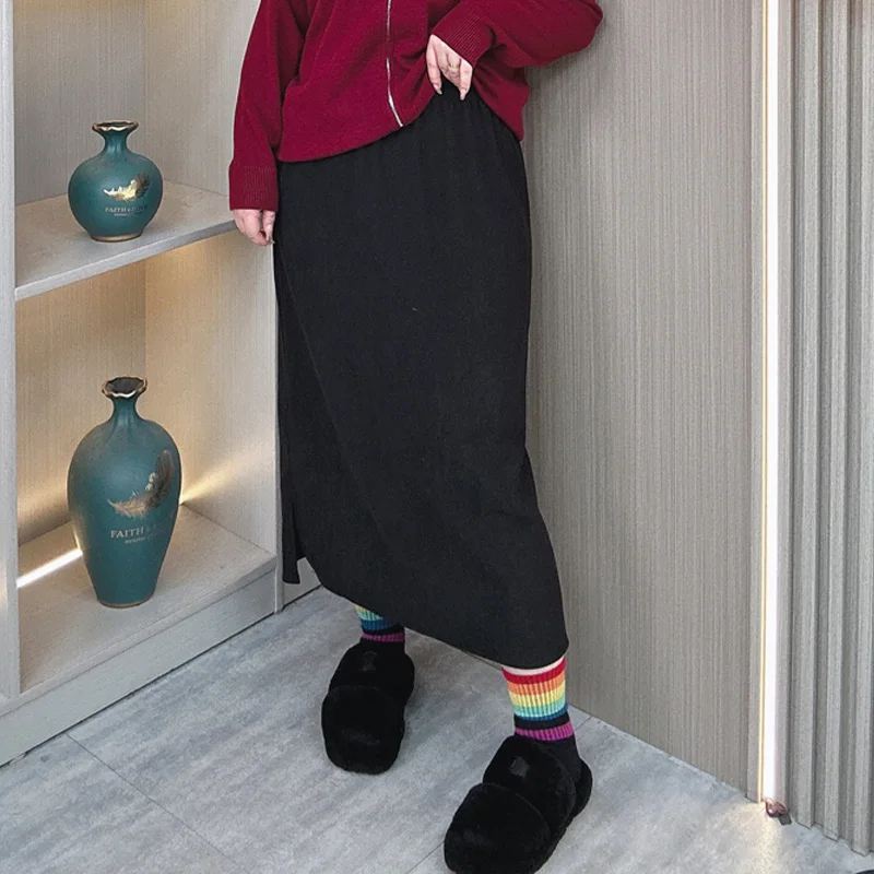 Plus Size Women Skirt Autumn Winter Loose Both Sides Slit Elastic Waist Skirt 66666