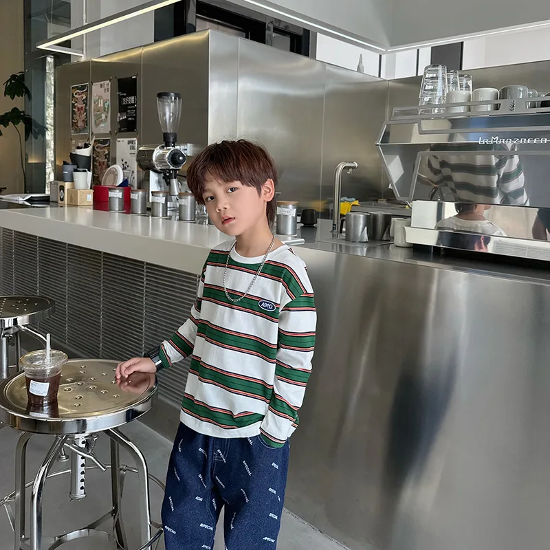2025 Spring Children Clothes Girls Long Sleeves Bottoming Shirts Cool Boys Stripe Cotton T-shirt Teen Loose Casual 2-7y Kids Top 4