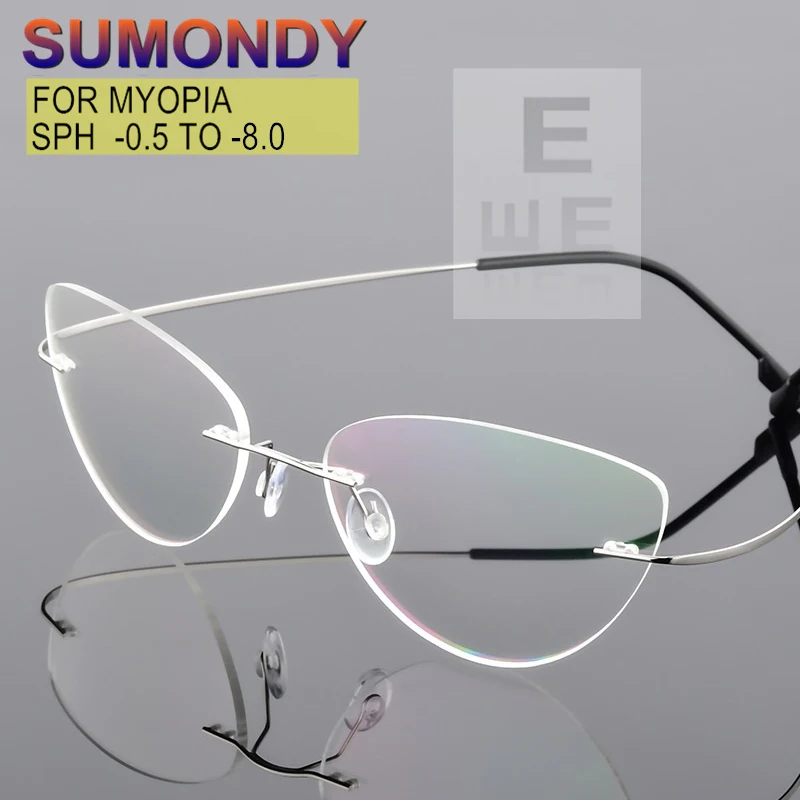 Framless Myopia Glasses Prescription -0.5 to -8.0 Women Men Cat Eye Alloy Frame Nearsighted Astigmatism Customizable UF175