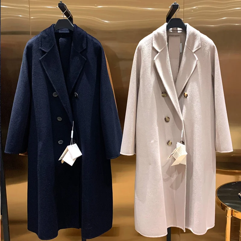 High-end Cashmere Coat Ladies Winter Long Beige Slim-fit Belt Autumn Navy Blue Double-Breasted Hand-Stitched | Женская одежда