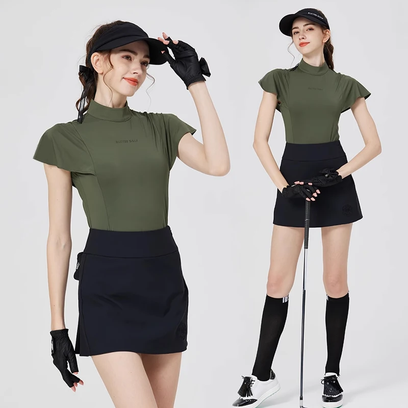 BLKTEE Golf fashion clothes for woman ruffle short sleeve half high neck t-shirt ladies slim casual top high-waist skirt gofset