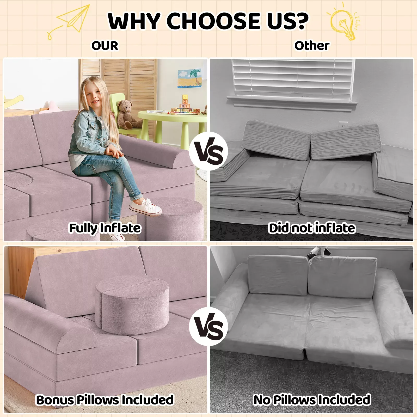 Modular Kids Play Couch,Child Sectional Sofa,Fortplay Bedroom and Playroom Furniture for Toddlers,Convertible Foam&Floor Cushion 5